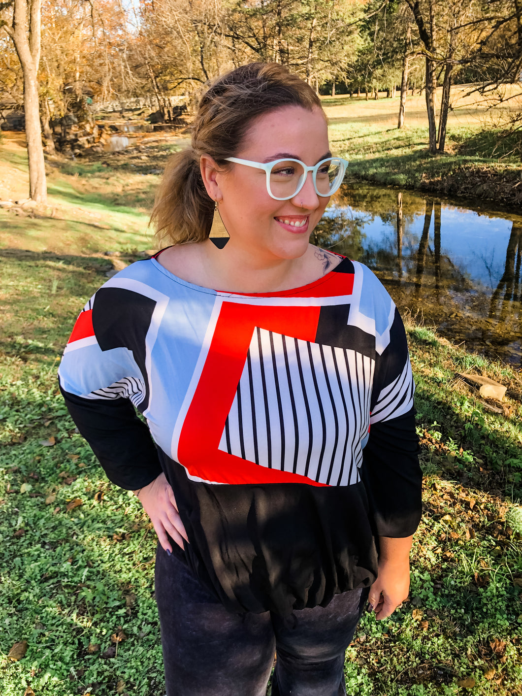 Plus Size Black and Red Color Block Top